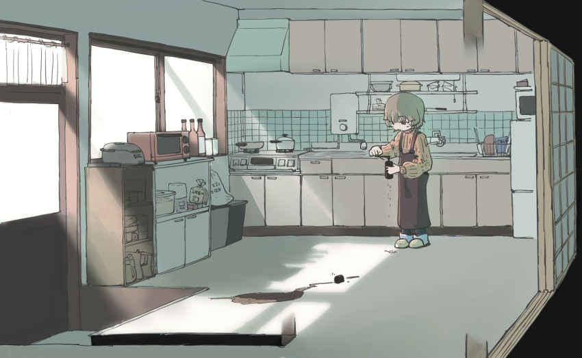 1girl apron black_apron cabinet coffee cooking_pot counter cup floor hatoba_tsugu highres indoors kitchen long_sleeves microwave mole mole_under_eye mug refrigerator shelf shiraichigo short_hair slippers solo spill standing stove sweatdrop sweater tsugu_(vtuber) virtual_youtuber wide_shot window window_shadow