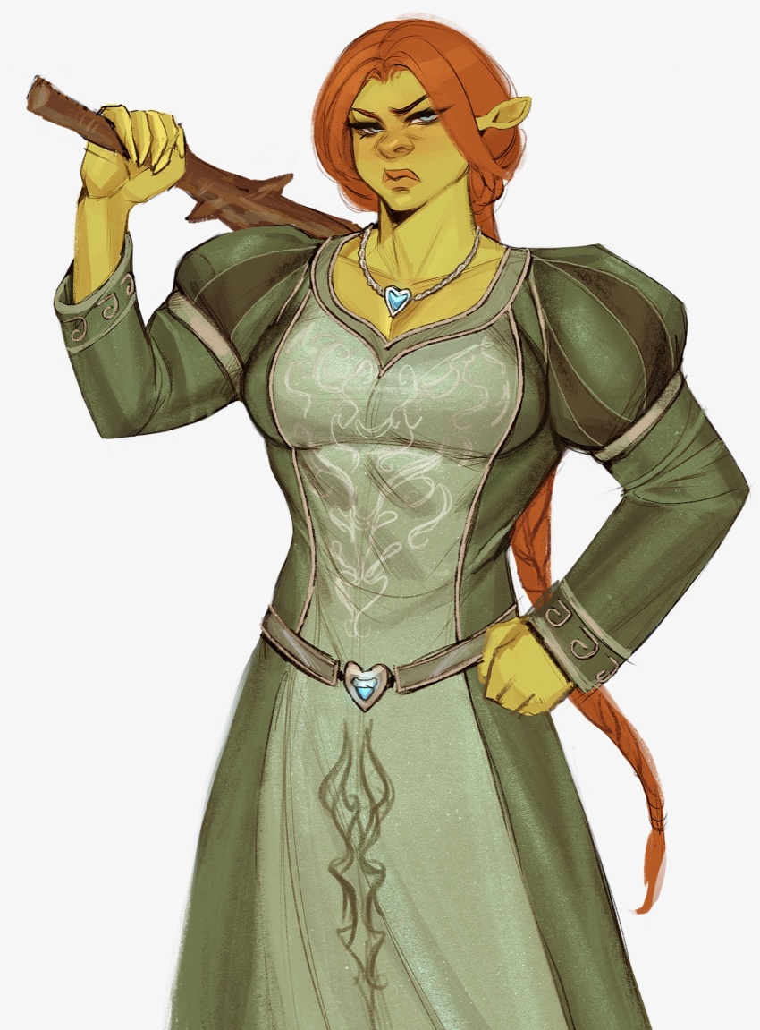 1girl blue_eyes brown_hair club_(weapon) colored_skin dress green_dress green_skin hand_on_own_hip heart heart_necklace highres holding holding_club holding_weapon jewelry long_dress long_hair necklace ogre over_shoulder ponytail princess_fiona shrek_(series) simple_background solo weapon weapon_over_shoulder white_background ykshelter