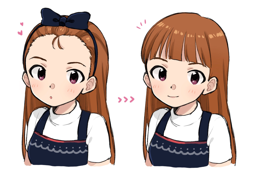 1girl arrow_(symbol) black_bow black_dress black_hairband blunt_bangs blush bow brown_eyes brown_hair child closed_mouth commentary_request cropped_torso dress forehead hair_bow hairband heart highres idolmaster idolmaster_(classic) idolmaster_sp long_hair looking_at_viewer minase_iori multiple_views naruse_ill nexus_casual_(idolmaster) official_alternate_hairstyle parted_lips short_sleeves simple_background smile white_background