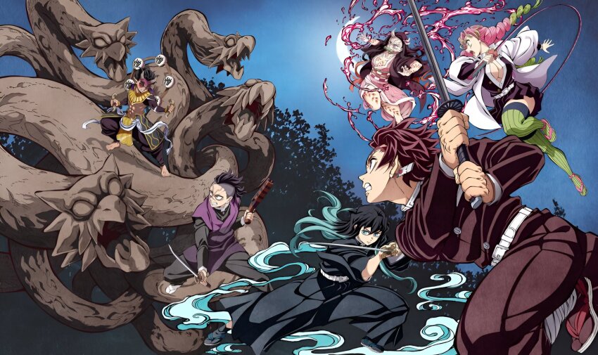 black_hair braid breasts cleavage green_eyes green_hair highres kamado_nezuko kamado_tanjirou kanroji_mitsuri kimetsu_no_yaiba large_breasts long_hair multicolored_hair official_art pink_hair skirt thighhighs tokitou_muichirou two-tone_hair