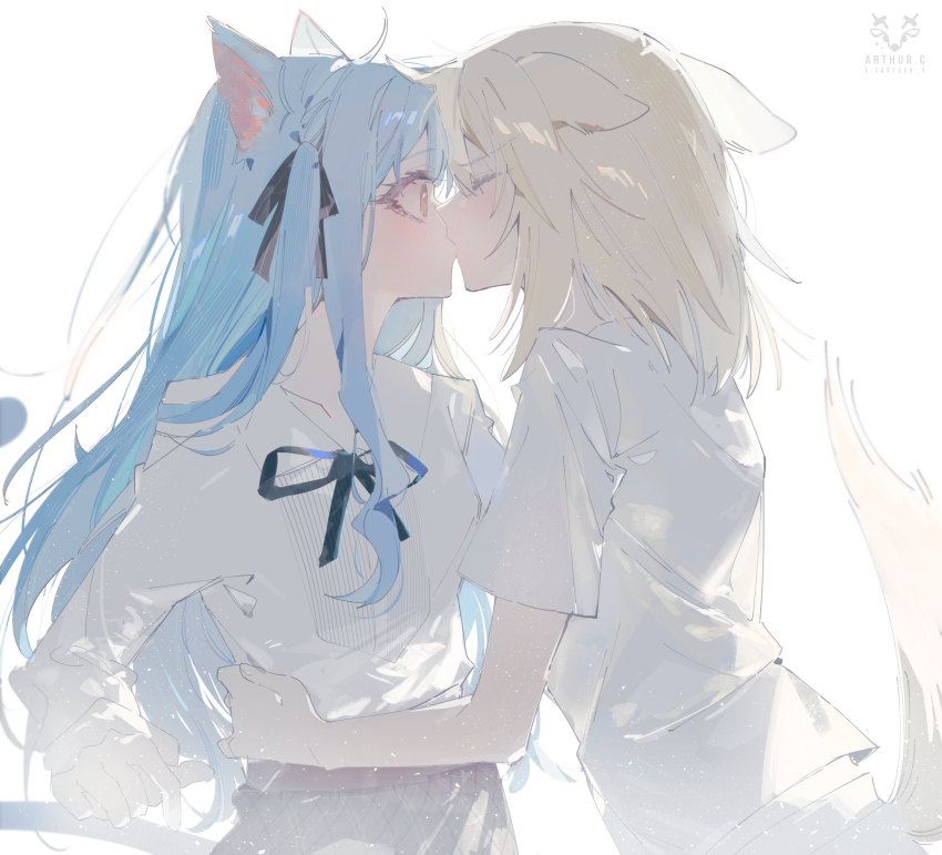 2girls animal_ears arthur_c bang_dream! bang_dream!_it&#039;s_mygo!!!!! black_ribbon blonde_hair blue_hair cat_ears cat_girl cat_tail chinese_commentary closed_eyes commentary_request dog_ears dog_girl dog_tail hair_ribbon highres kemonomimi_mode kiss long_hair long_sleeves medium_hair misumi_uika multiple_girls neck_ribbon ribbon shirt short_sleeves sidelocks tail togawa_sakiko two_side_up white_shirt yellow_eyes yuri