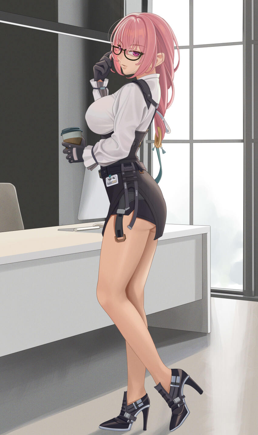 1girl absurdres adjusting_eyewear ass ass_peek bare_legs belt black_belt black_footwear black_gloves black_shorts black_skirt breasts commentary cup desk disposable_cup full_body glasses gloves high_heels highres holding holding_cup id_card large_breasts legs lips long_hair long_sleeves nose parted_lips pink_eyes pink_hair quatthro ring_hair_ornament shirt shorts skirt solo suspender_skirt suspenders thighs tsukishiro_yanagi underbust white_shirt zenless_zone_zero