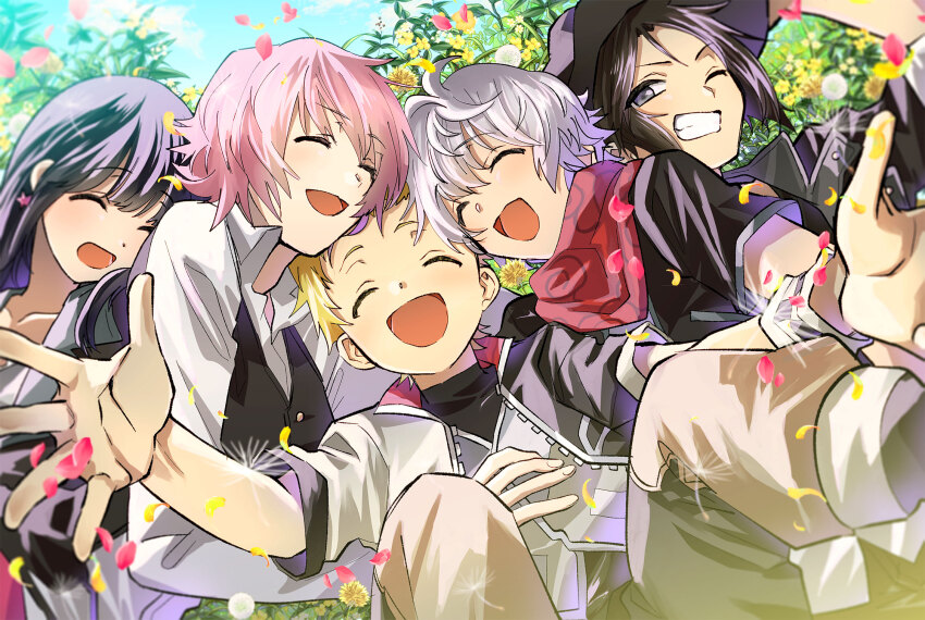 1girl 4boys arm_up black_hair black_hat black_jacket black_vest blonde_hair blue_sky brain_(kingdom_hearts) checkered_clothes closed_eyes commentary dandelion day ephemer_(kingdom_hearts) everyone falling_petals flower grey_eyes grin hand_on_own_head hands_up happy hat highres jacket kingdom_hearts kingdom_hearts_x knees_up lauriam long_sleeves maimai_melc multicolored_jacket multiple_boys neckerchief one_eye_closed open_mouth outdoors outstretched_arms petals pink_hair pink_petals plant red_neckerchief shirt short_hair short_sleeves skuld_(kingdom_hearts) sky smile upper_body ventus_(kingdom_hearts) vest white_hair white_jacket white_shirt wing_collar wristband yellow_flower yellow_petals