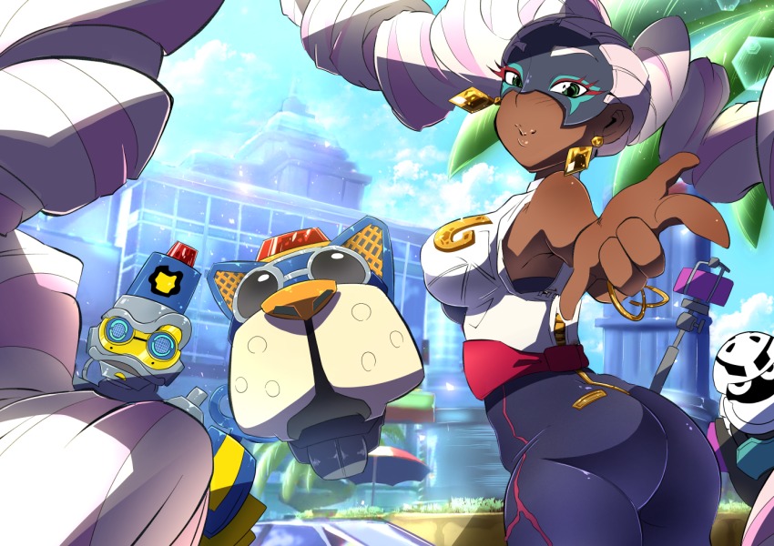 1girl arms_(game) ass bare_shoulders barq breasts byte_(arms) character_request dark_skin drill_hair earrings green_eyes jewelry kid_cobra kiwa_(pokemonwars) lips long_hair looking_at_viewer mask medium_breasts pink_hair smile thick_thighs thighs twin_drills twintelle_(arms) very_long_hair