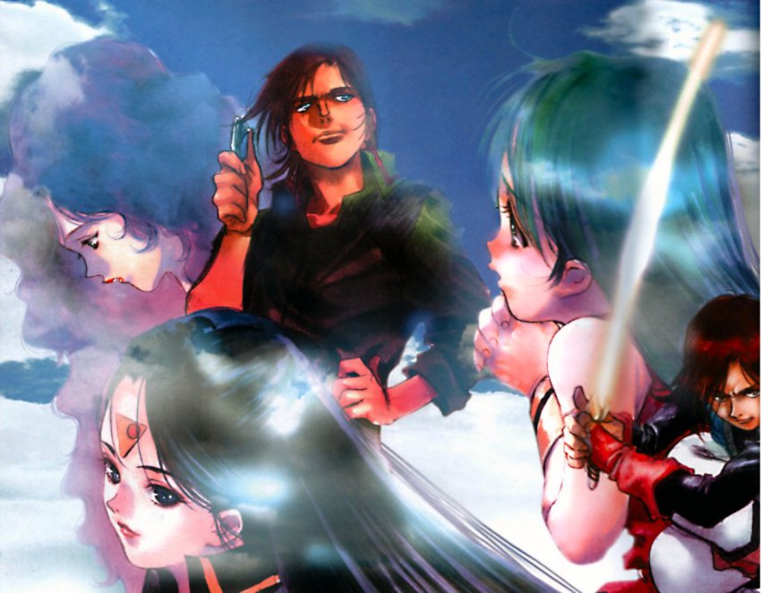 1980s_(style) 2boys 3girls android athena_henderson badge black_eyes black_hair blue_eyes bracelet brown_hair child chiram choujikuu_seiki_orguss cloud cyborg energy_sword fingerless_gloves glasses gloves green_hair insignia jewelry katsuragi_kei lips long_hair mikimoto_haruhiko military military_uniform mome_(orguss) mu_(orguss) mullet multiple_boys multiple_girls oldschool olson_verne orguss orson_d_verne praying retro_artstyle science_fiction sticker sword tina_henderson traditional_media weapon
