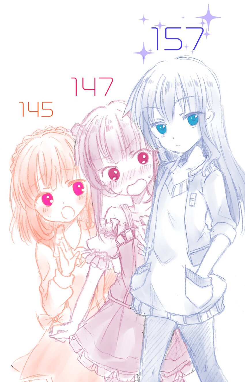 3girls aikawa_aika alice_gear_aegis blue_eyes blue_hair blue_jacket blue_pants blue_shirt blush braid dress hands_in_pockets height height_difference highres ichijou_ayaka jacket koashi_mutsumi multiple_girls oi_tie pants pink_dress pink_eyes pink_hair pocket purple_eyes purple_hair red_dress shirt sparkle