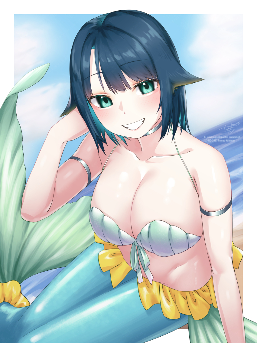 1girl awono_nanaumi bikini blue_hair blue_sky blue_tail breasts cleavage cloud collarbone commentary_request day fukami_nana_(awono_nanaumi) green_eyes hair_flaps highres large_breasts looking_at_viewer mermaid monster_girl ocean original outdoors short_hair sky smile solo swimsuit teeth