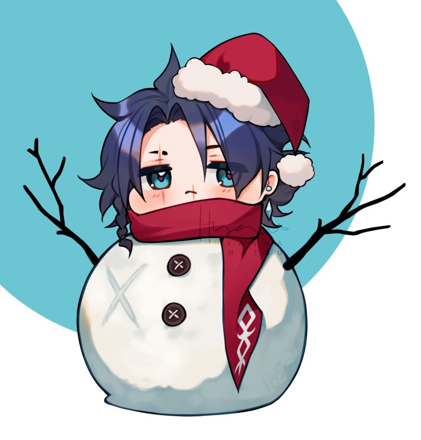 1boy artist_name blue_background blue_eyes blue_hair braid chibi christmas circle commentary earrings english_commentary expressionless eyes_visible_through_hair fur-trimmed_headwear fur_trim hat heart heart-shaped_pupils highres hyanna-natsu jewelry light_blush looking_at_viewer male_focus messy_hair original parted_bangs pom_pom_(clothes) red_hat red_pupils red_scarf santa_hat scar scar_across_eye scar_on_face scar_on_mouth scarf short_hair_with_long_locks side_braid single_braid snowman solo stud_earrings symbol-shaped_pupils two-tone_background watermark white_background ych_commission