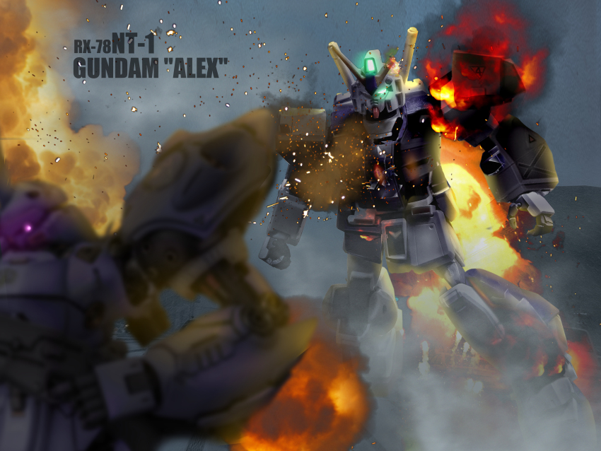 absurdres battle blurry blurry_foreground burning character_name commentary_request damaged debris duel fake_screenshot fire glowing glowing_eye gundam gundam_0080 gundam_alex highres kampfer_(mobile_suit) machinery mecha mecha_focus mobile_suit no_humans one-eyed robot science_fiction smoke sparks te_zhuang_chen v-fin