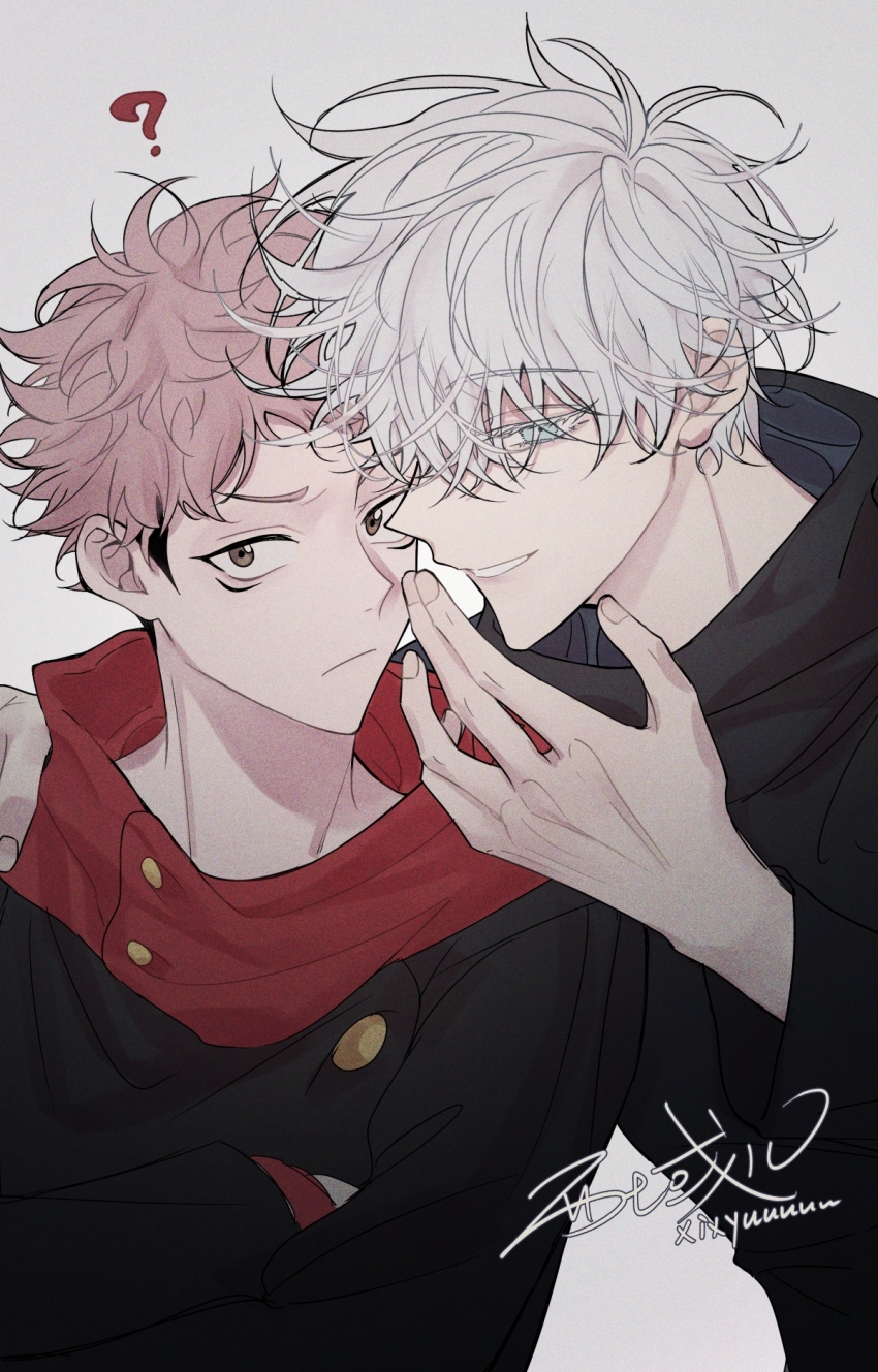 2boys ? artist_name black_jacket blue_eyes brown_eyes buttons closed_mouth colored_eyelashes eyelashes facial_mark gojou_satoru hair_between_eyes hand_up high_collar highres hood hood_down hoodie itadori_yuuji jacket jujutsu_kaisen long_sleeves looking_at_viewer male_focus multiple_boys pink_hair red_hoodie school_uniform short_hair signature simple_background smile spiked_hair undercut upper_body white_background white_hair xi_yuu yaoi