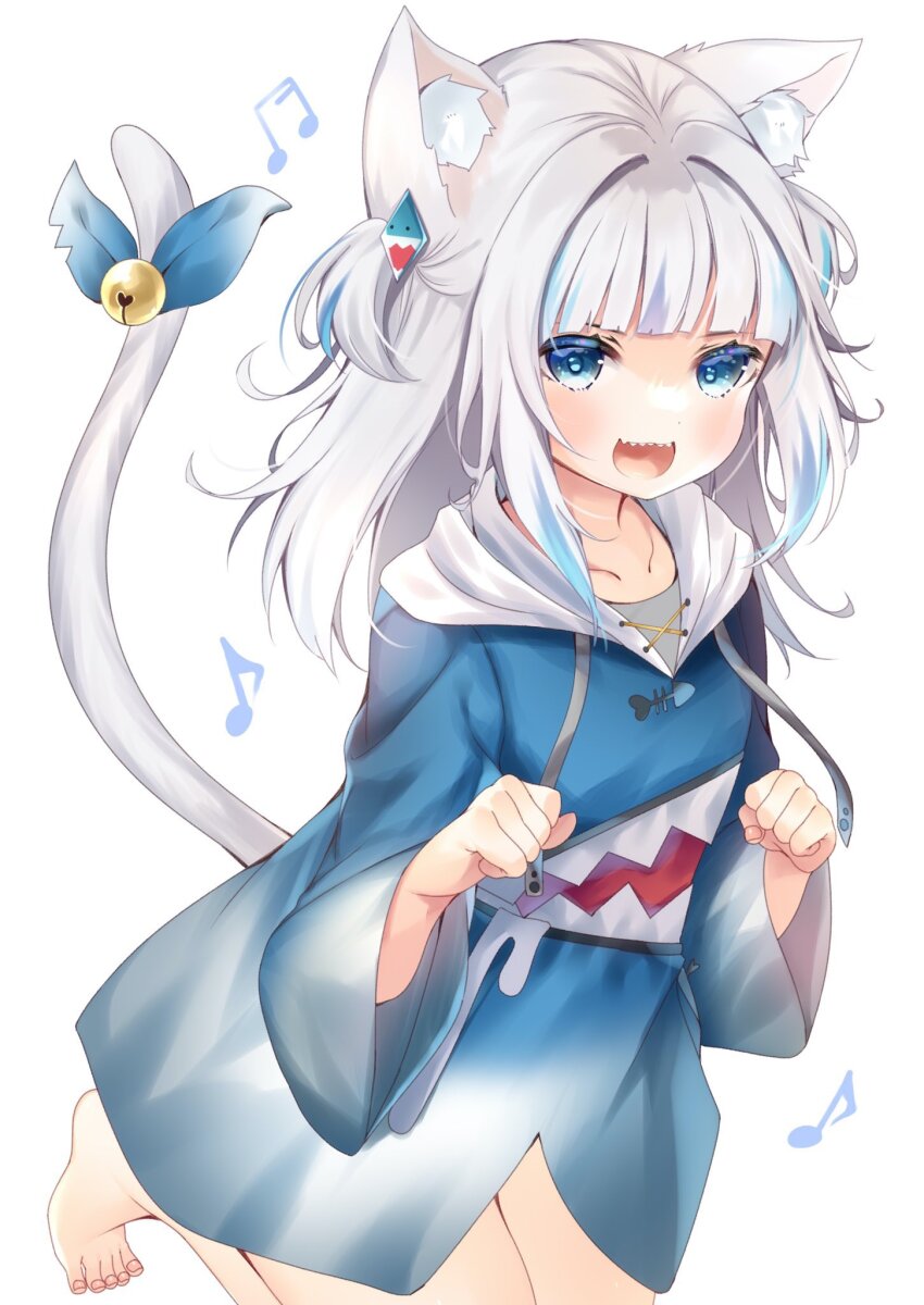 1girl animal_costume animal_ears barefoot blue_eyes blue_hair blue_streaks cat_ears cat_tail collarbone gawr_gura gawr_gura_(1st_costume) highres hololive hood hood_down ko_yu multicolored_hair musical_note open_mouth shark_costume smile solo tail teeth upper_teeth_only virtual_youtuber white_background white_hair