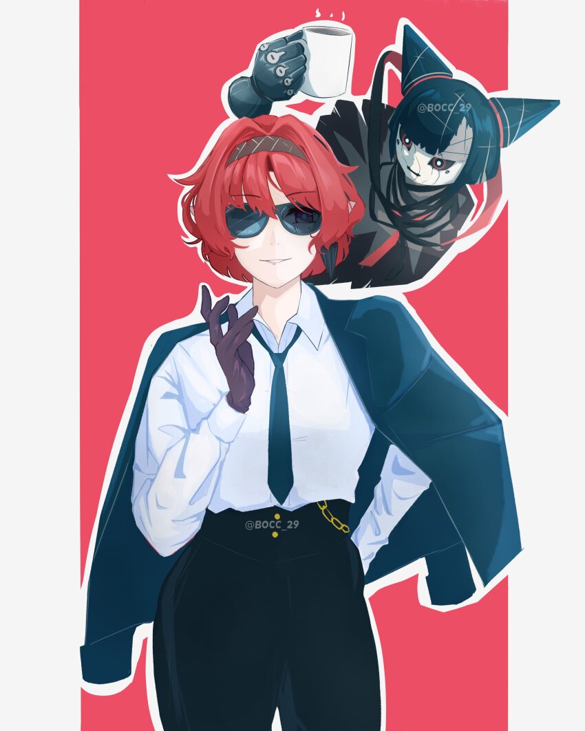1girl absurdres arm_behind_back wallet_chain black_gloves black_hair black_hairband black_jacket black_necktie black_pants bocc_29 breasts bright_pupils collared_shirt commentary cowboy_shot cup disembodied_hand doll earrings english_commentary gloves grey_background hair_intakes hairband highres holding holding_cup jacket jacket_on_shoulders jewelry looking_at_another looking_at_viewer mechanical_hands medium_breasts necktie official_alternate_costume open_clothes open_jacket pants pointy_ears purple_eyes red_background red_hair shirt short_hair sidelocks single_earring single_mechanical_hand smile solo sunglasses twitter_username two-tone_background white_pupils white_shirt wuthering_waves yinlin_(wuthering_waves) zapstring_(wuthering_waves)