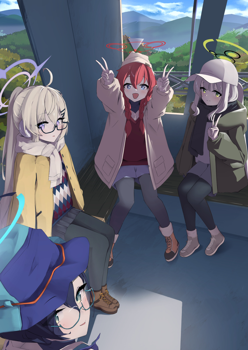 4girls absurdres black_hair black_pantyhose black_scarf black_skirt blonde_hair blue_archive blue_eyes blue_hat blue_shorts blue_sweater blush boots braid brown_boots brown_shoes chihiro_(blue_archive) chihiro_(camp)_(blue_archive) closed_mouth double_v fur_trim ganba_artworks glasses green_jacket grey_skirt hair_between_eyes hare_(blue_archive) hare_(camp)_(blue_archive) hat highres jacket kotama_(blue_archive) kotama_(camp)_(blue_archive) long_hair looking_at_viewer maki_(blue_archive) maki_(camp)_(blue_archive) multiple_girls official_alternate_costume official_alternate_hairstyle open_mouth pantyhose ponytail purple_eyes red_hair red_sweater scarf shirt shoes shorts sidelocks skirt smile sweater twin_braids v white_hair white_shirt yellow_jacket