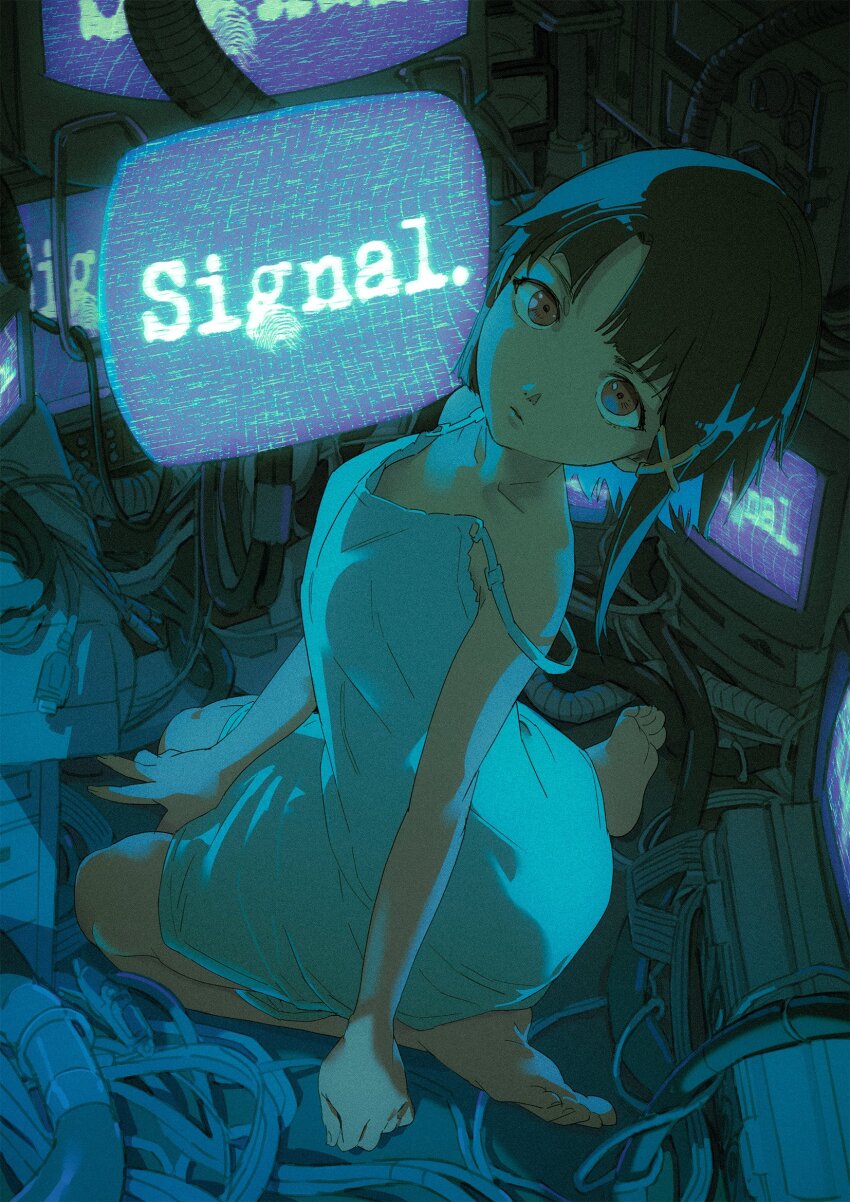 1girl asymmetrical_hair barefoot blue_theme brown_eyes brown_hair cable camisole commentary computer copyright_name crt dress english_commentary english_text feet hair_ornament highres holographic_interface indoors iwakura_lain kyutokyo looking_at_viewer official_art parted_lips screen_light second-party_source seiza serial_experiments_lain short_hair single_sidelock sitting soles solo strap_slip thighs toes white_camisole white_dress x_hair_ornament