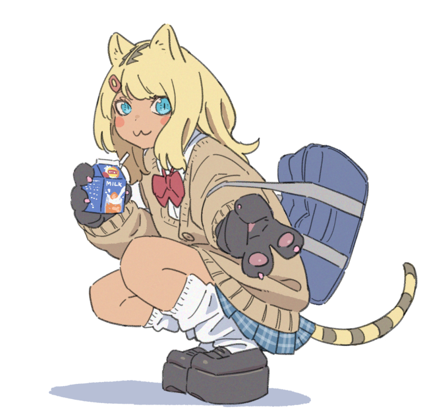 1girl animal_ears animal_hands bag black_gloves black_shoes blonde_hair blue_bag blue_eyes blue_skirt blush_stickers bow brown_cardigan cardigan closed_mouth dark-skinned_female dark_skin drinking_straw full_body gloves gyaru gyaru_v hair_ornament hairclip hime-sama_&quot;goumon&quot;_no_jikan_desu hirakei holding holding_milk_carton krall_(hime-sama_&quot;goumon&quot;_no_jikan_desu) leopard_ears leopard_girl leopard_tail long_hair loose_socks milk_carton multicolored_hair paw_gloves plaid_clothes plaid_skirt platform_shoes pleated_skirt red_bow roots_(hair) school_bag school_uniform shoes simple_background skirt slit_pupils socks solo squatting tail v wavy_mouth white_background white_socks
