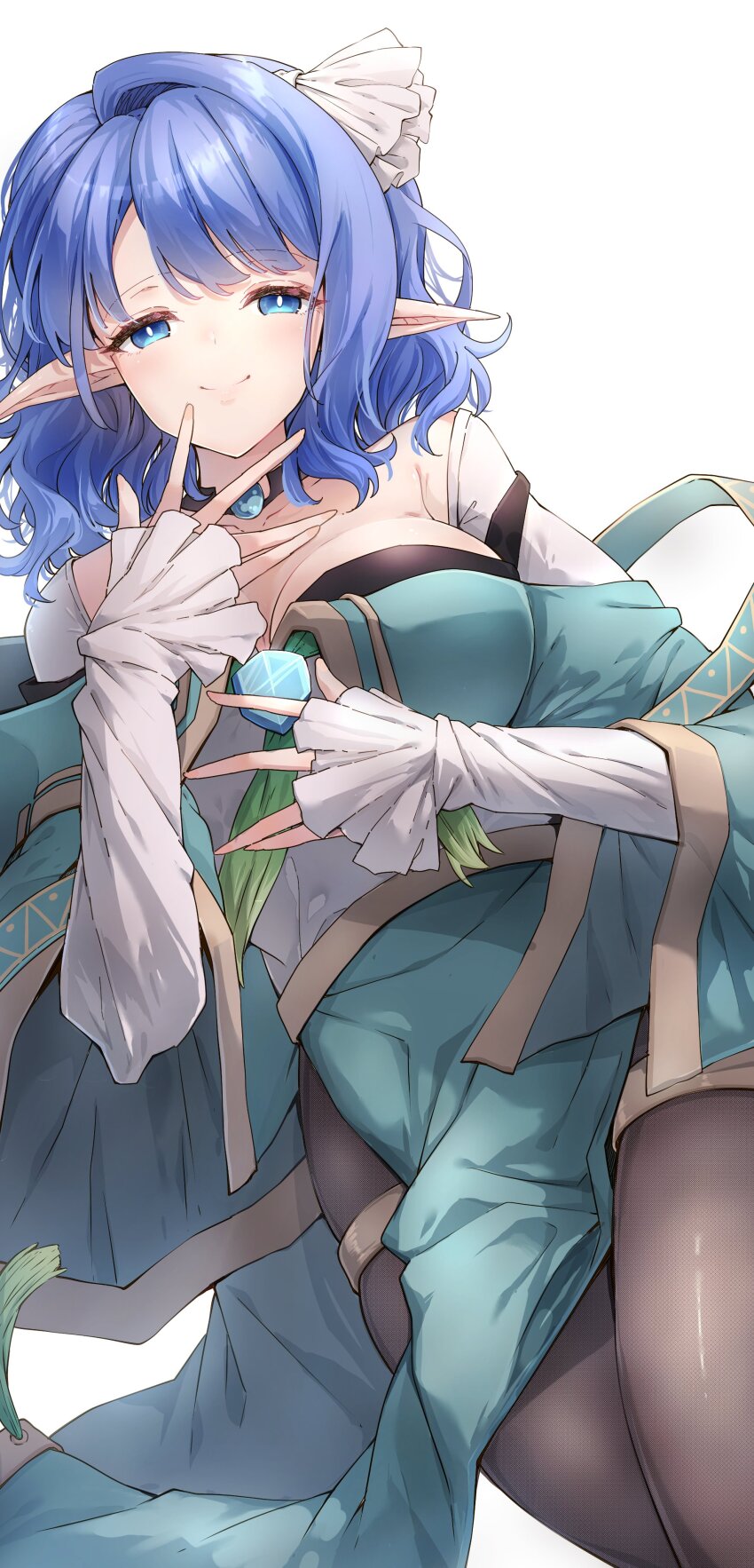 1girl absurdres blue_eyes blue_gemstone blue_hair bow breasts brooch brown_pantyhose cleavage closed_mouth collarbone commentary_request commission darjeeling_(reley) dutch_angle elf feet_out_of_frame gem green_robe hair_bow half-closed_eyes hand_up highres jewelry large_breasts long_sleeves looking_at_viewer medium_hair moebius_(blueelfmoebius) necklace open_hands original pantyhose pointy_ears robe second-party_source simple_background single_hair_intake skeb_commission sleeves_past_wrists smile solo split_mouth standing white_background white_bow