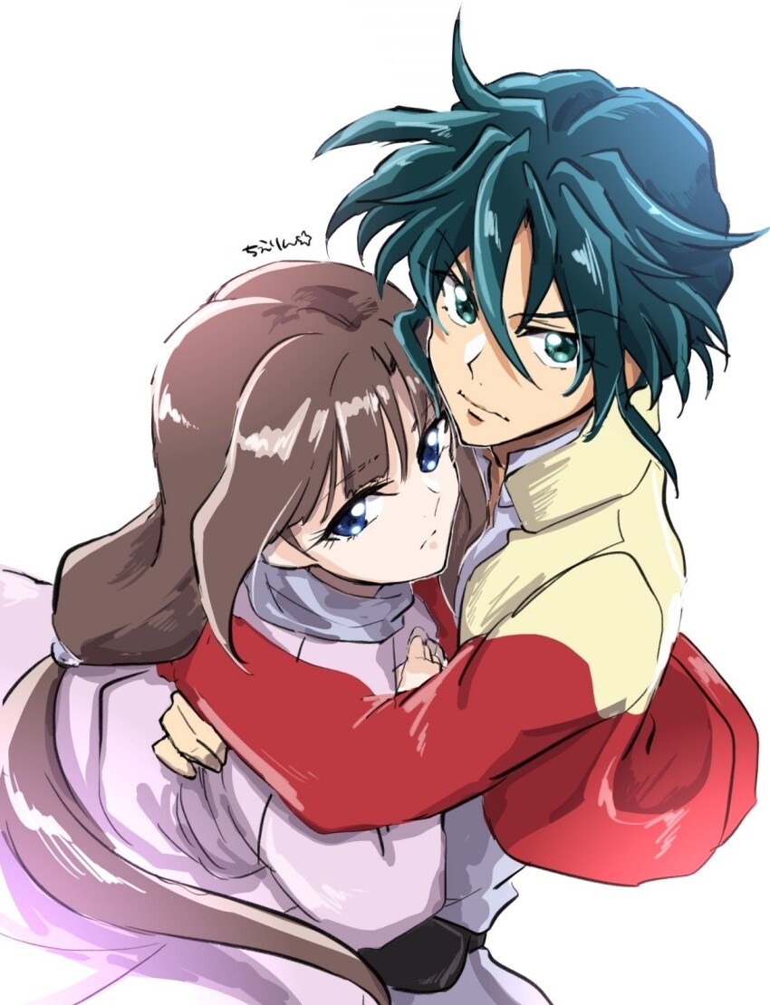 1boy 1girl after_war_gundam_x blue_eyes brown_hair commentary couple garrod_ran green_eyes green_hair gundam highres hug jacket long_hair looking_at_viewer low_ponytail ponytail short_hair sidelocks tiffa_adill upper_body very_long_hair white_background yanada_kiyorin