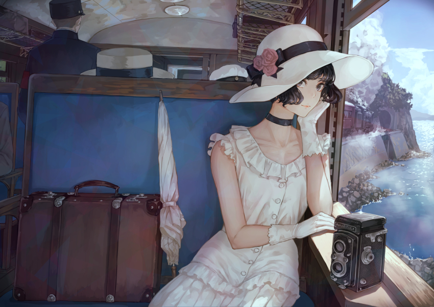1boy 1girl black_eyes black_hair bob_cut cameltoe camera choker closed_umbrella day dress frills gloves hat head_rest kaoming looking_at_viewer ocean original rolleiflex short_hair sitting smile solo_focus steam suitcase sun_hat train train_interior tunnel umbrella white_gloves window