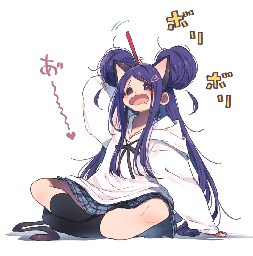 1girl animal_ears black_socks blush cat_day cat_ears cat_tail commentary_request double_bun drooling full_body grey_skirt hair_bun hair_ornament hamayumiba_sou heart heart_hair_ornament highres holding hood hood_down hoodie huge_hair_bun indian_style kneehighs long_hair long_sleeves miniskirt mouth_drool no_shoes ochikobore_fruit_tart open_mouth parted_bangs pink_eyes plaid_clothes plaid_skirt pleated_skirt purple_hair sekino_roko simple_background sitting skirt socks solo tail translation_request very_long_hair wavy_mouth white_background white_hoodie