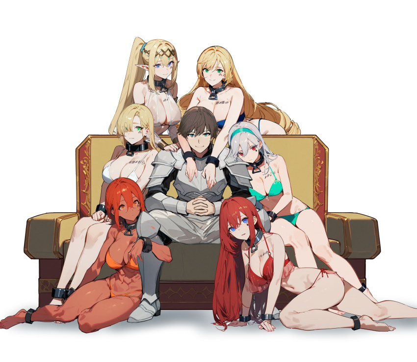 1boy 6+girls abs absurdres armor bikini blonde_hair blue_bikini blue_eyes breasts brown_hair cleavage collar couch cuffs dark-skinned_female dark_skin egc0212 elf green_bikini green_eyes hair_between_eyes hair_over_one_eye harem highres large_breasts long_hair looking_at_viewer multi-strapped_bikini_bottom multiple_girls muscular muscular_female navel orange_bikini orange_eyes original pimp pointy_ears ponytail red_bikini red_eyes red_hair shackles sitting slave strapless strapless_bikini swimsuit very_long_hair white_background white_bikini white_hair