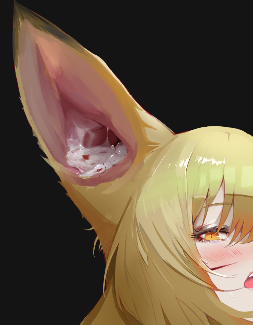 1girl absurdres animal_ears arknights blonde_hair blood_from_ears blush cum cum_in_ear ear_sex facial_scar fox_ears fox_girl highres looking_at_viewer open_mouth out_of_frame rasputin_(syr_syr_ss) scar scar_on_cheek scar_on_face stray_pubic_hair tearing_up vulpisfoglia_(arknights)