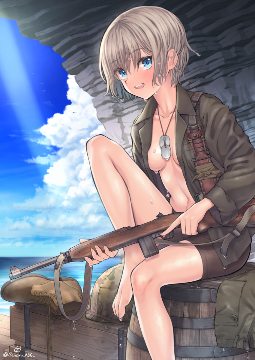 1girl barefoot barrel bike_shorts blue_eyes blue_sky blush boots breasts brown_hair camouflage camouflage_headwear cave_interior cloud collared_shirt combat_helmet commentary_request crate cumulonimbus_cloud day dog_tags foot_out_of_frame gun helmet highres holding holding_gun holding_weapon knee_up long_sleeves looking_at_viewer m1_carbine navel no_bra no_pants open_clothes open_mouth open_shirt original pants rifle samaru_(seiga) shirt short_hair simple_bird sitting sitting_on_object sky small_breasts smile solo unworn_boots unworn_pants weapon wet wet_clothes wet_hair