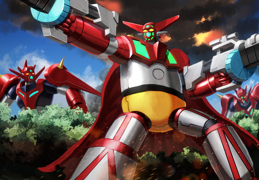 dual_wielding embers explosion forest getter-1 getter_dragon getter_robo glowing glowing_eyes gun highres holding holding_gun holding_weapon looking_ahead looking_to_the_side mecha mecha_focus moyashi_(karamisouma) nature robot shin_getter_robo smoke solo_focus super_robot tree weapon yellow_eyes