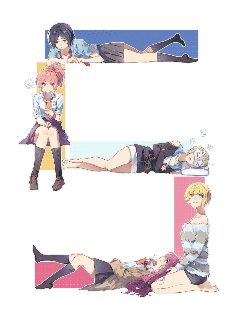 2025 5girls :i :t ahoge ankle_socks annoyed asymmetrical_hair bare_legs bare_shoulders barefoot black_hair black_skirt black_socks blonde_hair blue_eyes blue_shirt bow bowtie breasts brown_coat brown_footwear cellphone cleavage clenched_hands clothes_around_waist clothing_cutout coat collarbone collared_shirt commentary crossed_arms dot_nose dress_shirt fingernails fur_sweater green_eyes grey_hair grey_sweater hair_bow hand_up hayami_kanade high_ponytail highres holding holding_phone hood hooded_jacket ichinose_shiki idolmaster idolmaster_cinderella_girls jacket jacket_around_waist jewelry jougasaki_mika knees knees_together_feet_apart lap_pillow leg_up light_smile lipps_(idolmaster) loafers long_sleeves looking_at_another looking_down looking_up lying mask miniskirt miyamoto_frederica multicolored_sweater multiple_girls necklace necktie new_year off_shoulder on_side on_stomach open_mouth parted_bangs phone pillow pink_bow pink_hair ponytail pout purple_hair purple_jacket purple_skirt red_bow red_bowtie red_necktie ring school_uniform scribble seiza shiomi_syuko shirt shoes short_hair short_sleeves shoulder_cutout sitting skirt sleep_mask sleeves_pushed_up sleeves_rolled_up smartphone smile socks split_mouth straight_hair sweater toenails undershirt wavy_hair white_shirt white_skirt white_undershirt yumi_xsh zzz