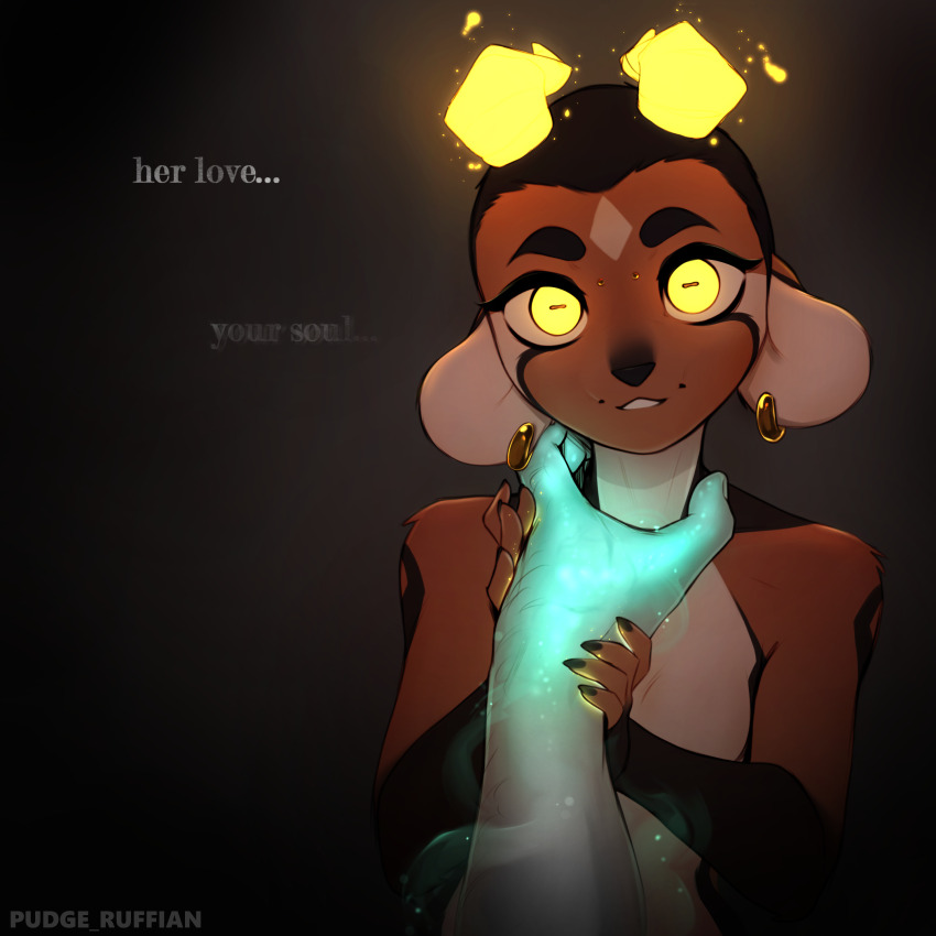 1girl absurdres artist_name body_fur breasts brown_fur colored_skin commentary demon_girl earrings english_commentary fingernails goat_girl gradient_background green_skin highres horizontal_pupils horns jewelry kody_(pudgeruffian) original pudgeruffian sharp_fingernails small_breasts smile solo teeth upper_body yellow_eyes