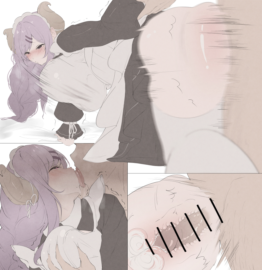 1boy 1girl alternate_costume apron bar_censor black_dress blush body_blush bouncing_breasts breasts censored commentary_request cum cum_in_pussy demon_girl demon_horns doggystyle dress ejaculation enmaided french_kiss grabbing_another&#039;s_breast grey_horns groping half-closed_eyes hetero highres horns huge_breasts kiss long_dress long_hair looking_at_viewer maid maid_headdress mole mole_under_mouth motion_lines nanashi_inc. nekokamu_fight! open_mouth paid_reward_available penis pointy_ears purple_eyes purple_hair saionji_mary sex sex_from_behind smile solo_focus tongue tongue_out uterus vaginal virtual_youtuber white_apron x-ray