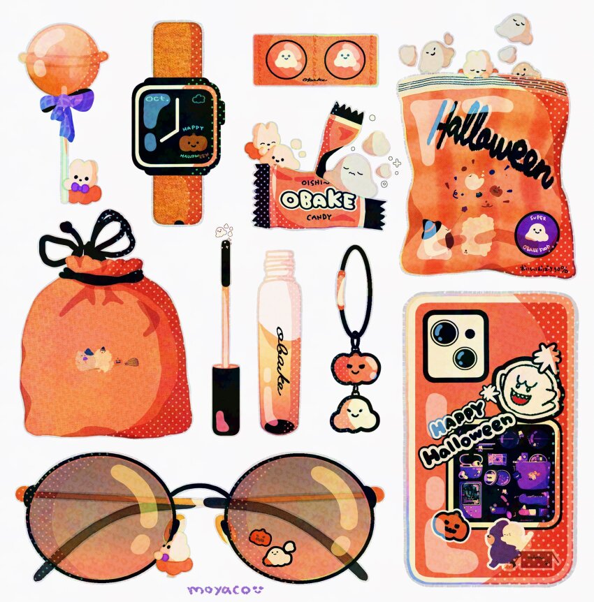 artist_name boo_(mario) bow candy candy_wrapper cellphone cellphone_charm charm_(object) closed_eyes commentary cosmetics creature food food_wrapper ghost halloween hat headphones highres lipgloss_tube lollipop mario_(series) moyaco nintendo no_humans orange_theme original ornate_phone_case phone pouch pumpkin purple_bow signature simple_background smartphone smile solid_circle_eyes solid_eyes sunglasses symbol-only_commentary watch white_background witch_hat wristwatch