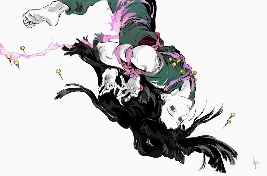 1boy barefoot bdsm black_eyes black_hair bondage bound colored_skin floating floating_hair ghost12 green_pants green_shirt highres hunter_x_hunter illumi_zoldyck long_hair looking_at_viewer magic needle pants parted_lips pink_rope rope shirt sleeveless sleeveless_shirt solo white_background white_skin