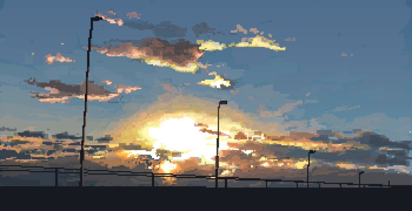 dark dutch_angle glowing gradient_sky highres hisachan55cute lamppost no_humans original pixel_art railing scenery silhouette sky sunrise