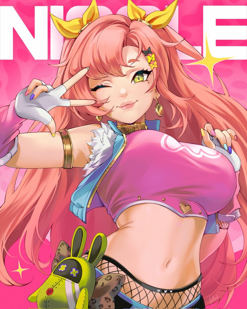 1girl ;) amillion_(zenless_zone_zero) blue_jacket breasts character_name commentary commission earrings english_commentary fingerless_gloves gloves hair_ribbon highres jacket jewelry large_breasts long_hair midriff mole mole_under_eye nail_polish navel nicole_demara nicole_demara_(cunning_cutie) noush official_alternate_costume one_eye_closed pink_background pink_tank_top purple_eyes ribbon second-party_source smile solo tank_top upper_body v v_over_eye white_gloves yellow_ribbon zenless_zone_zero