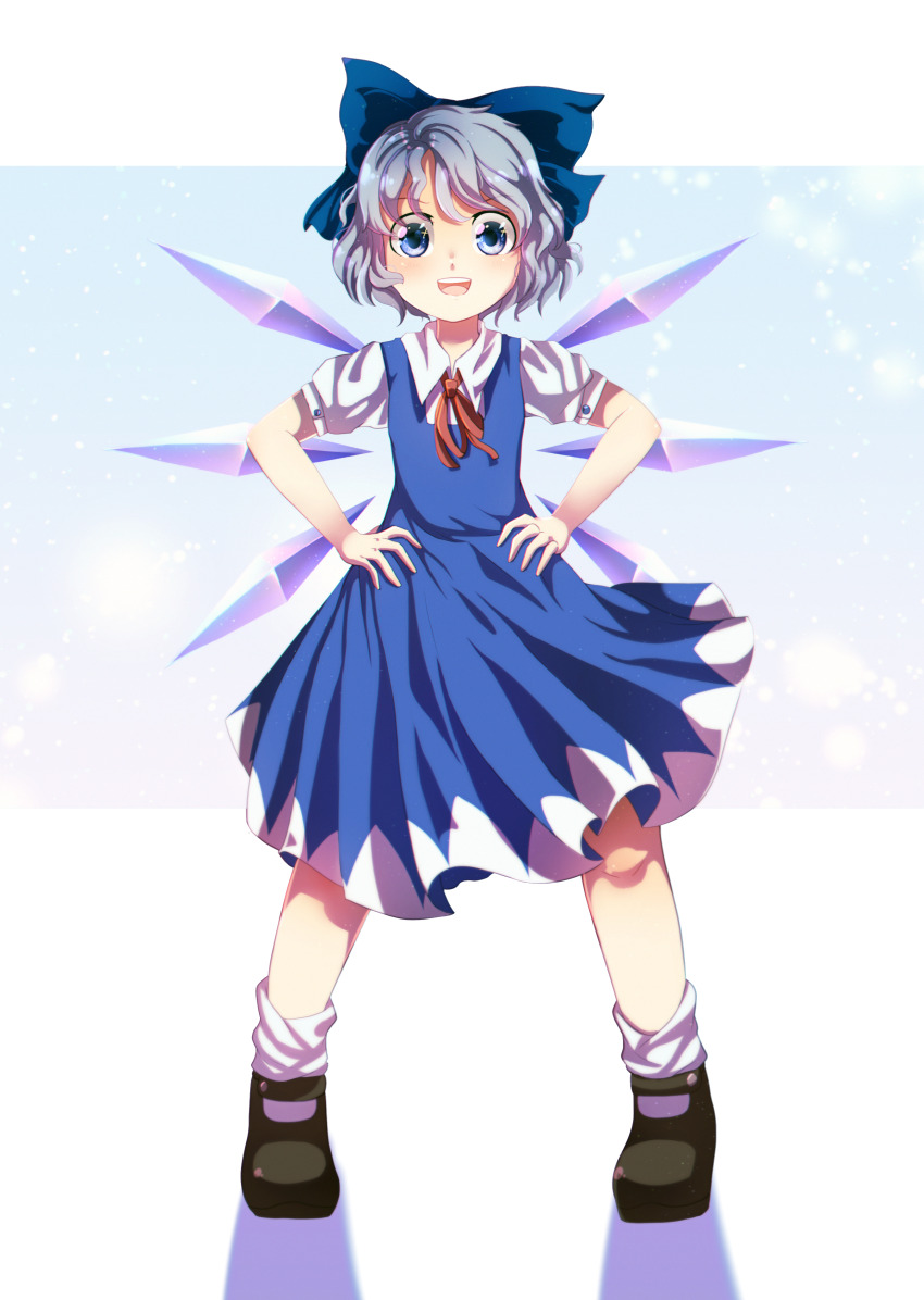 1girl absurdres black_shoes blue_bow blue_dress blue_eyes blue_hair bow cirno cirno_day collared_shirt detached_wings dress dungeon_toaster full_body hands_on_own_hips highres looking_at_viewer mary_janes neck_ribbon open_mouth pinafore_dress puffy_short_sleeves puffy_sleeves red_ribbon ribbon shirt shoes short_hair short_sleeves simple_background sleeveless sleeveless_dress socks solo standing teeth touhou upper_teeth_only white_shirt white_socks wings