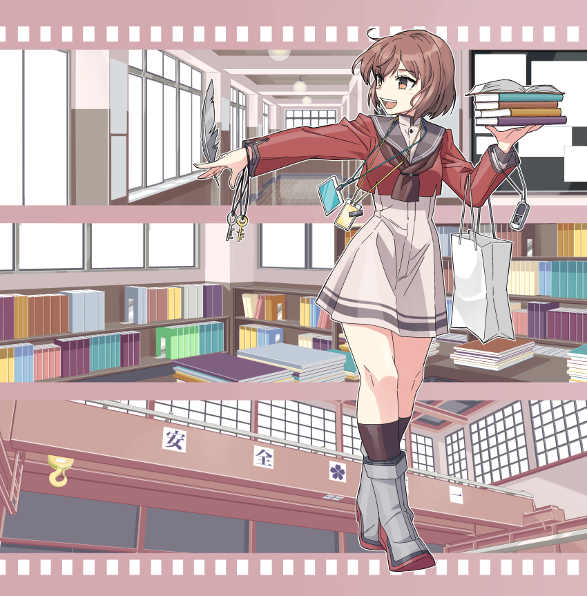 1girl absurdres bag blouse book boots brown_eyes brown_hair brown_neckerchief dress full_body grey_sailor_collar hallway highres kantai_collection kazh_(kazu) key library looking_to_the_side neckerchief no_headgear quill red_shirt sailor_collar shirt shopping_bag short_hair smile solo tan_yang_(kancolle) white_dress yukikaze_(kancolle)