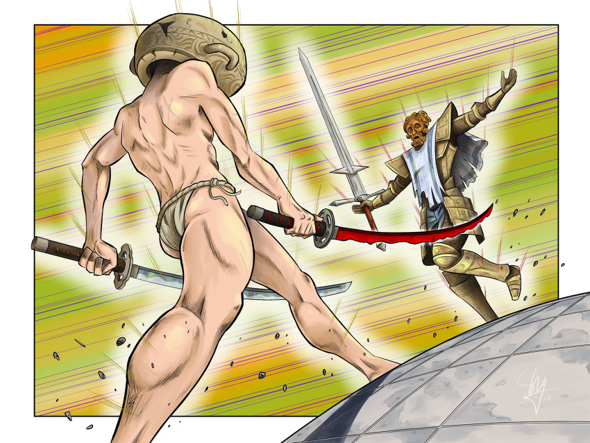 2boys armor asymmetrical_dual_wielding breastplate cape chosen_undead commentary dark_souls_(series) dark_souls_i dual_wielding elden_ring english_commentary full_body fundoshi giantdad_(armor_combination) grey_cape highres holding holding_sword holding_weapon japanese_clothes jojo_no_kimyou_na_bouken katana kneepits let_me_solo_her looking_at_another male_focus mask masked meme multiple_boys oh?_you&#039;re_approaching_me?_(meme) open_mouth outstretched_arms pauldrons pot_on_head sbg1990 shoulder_armor spread_arms sword tarnished_(elden_ring) walking weapon yellow_background zweihander