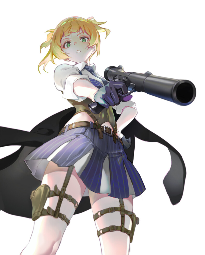 1girl absurdres blonde_hair bolt_action corset from_below girls&#039;_frontline gloves green_eyes gun half_gloves handgun highres hip_vent holding holding_gun holding_weapon holster integral_suppressor integrally-suppressed_firearm jacket jacket_on_shoulders looking_at_viewer pagye pinstripe_pattern pleated_skirt simple_background skirt sleeves_rolled_up striped_clothes striped_skirt suppressor thigh_holster weapon welrod welrod_mk_ii welrod_mkii_(girls&#039;_frontline) white_background
