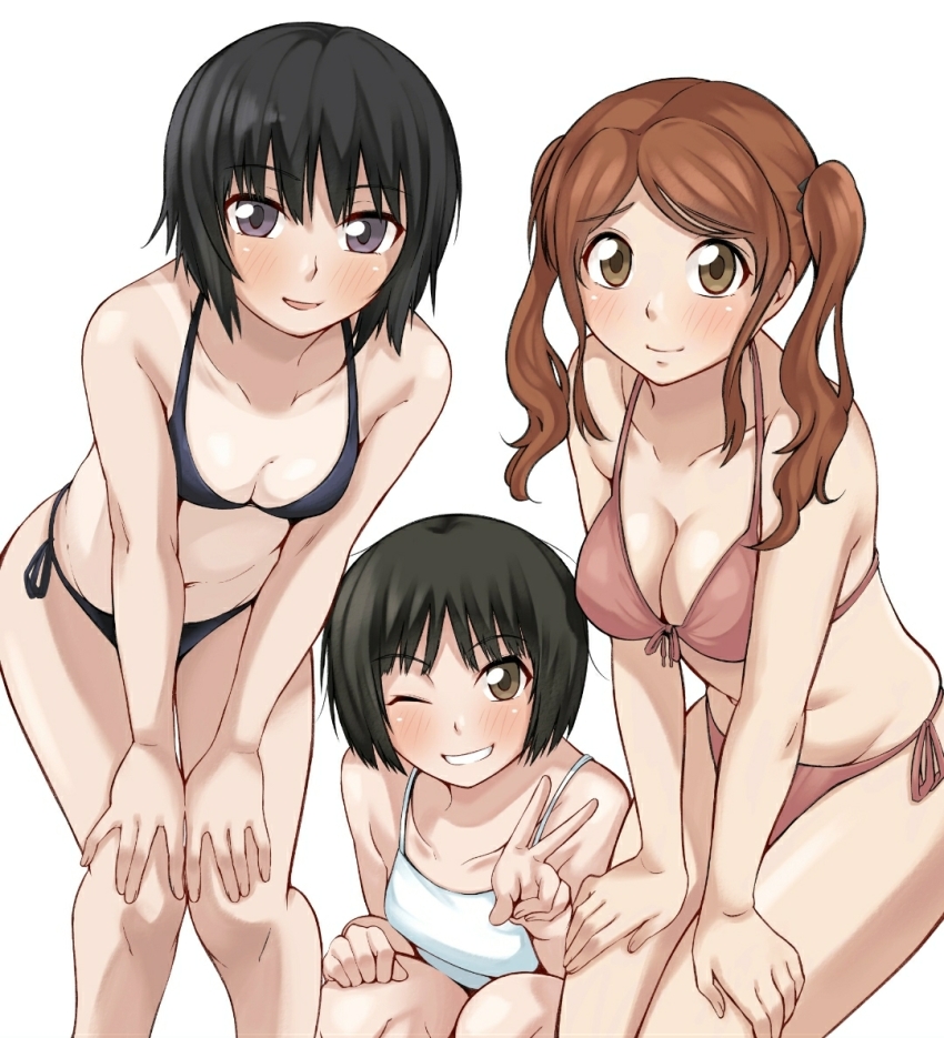 3girls amagami bikini black_bikini black_eyes black_hair blush breasts brown_eyes brown_hair cleavage clenched_teeth closed_mouth collarbone front-tie_bikini_top front-tie_top hands_on_own_knees jishaku_(user_rcuz2843) leaning_forward long_hair looking_at_viewer medium_breasts multiple_girls nakata_sae nanasaki_ai navel open_mouth red_bikini short_hair side-tie_bikini_bottom simple_background small_breasts smile standing swimsuit tachibana_miya teeth white_background white_bikini
