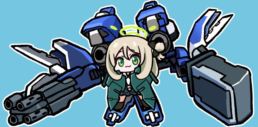 1girl :3 absurdres armor black_bow blue_archive blue_background bow chibi chibi_only closed_mouth double-parted_bangs gn_arms green_eyes green_halo gun gundam gundam_00 gundam_dynames hair_between_eyes hair_bow hair_bun halo highres light_brown_hair long_hair looking_at_viewer mecha_musume multiple-barrel_gun nonomi_(blue_archive) panatisia simple_background single_side_bun solo v-shaped_eyebrows weapon