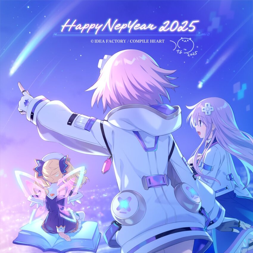 2025 blonde_hair book breasts cuffs-to-collar d-pad d-pad_hair_ornament dress fairy fairy_wings hair_between_eyes hair_ornament highres histoire hood hooded_track_jacket jacket long_hair mini_person minigirl multiple_girls nepgear neptune_(neptunia) neptune_(series) official_art open_mouth power_symbol power_symbol-shaped_pupils purple_dress purple_hair short_hair sitting sitting_on_book smile striped_clothes symbol-shaped_pupils thighhighs track_jacket tsunako twintails usb wings
