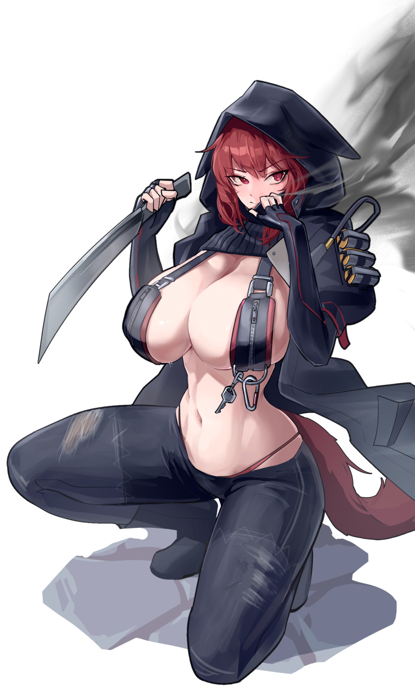 1girl absurdres animal_ears arknights bikini bikini_top_only black_bikini black_boots black_jacket black_pants blush boots breast_zipper breasts cassiri cleavage crownslayer_(arknights) denim fake_animal_ears fingerless_gloves full_body gloves highres holding holding_knife holding_weapon hood hood_up hyena_ears hyena_girl jacket key knife large_breasts navel no_shirt on_one_knee open_clothes open_jacket panties pants red_eyes red_hair red_panties red_tail simple_background solo swimsuit tail underwear weapon white_background zipper zipper_pull_tab