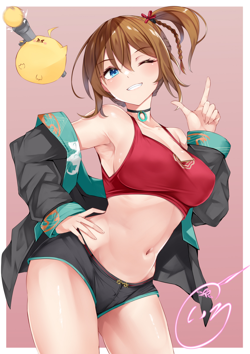 1girl ;d azur_lane bare_shoulders black_jacket black_panties black_shorts blue_eyes blush breasts brown_hair cleavage clothes_pull covered_erect_nipples crop_top finger_gun grin hair_between_eyes hand_on_own_hip hand_up happy highres irohara jacket jacket_pull leaning_to_the_side medium_breasts micro_shorts navel no_bra off_shoulder one_eye_closed open_clothes open_jacket open_mouth panties red_tank_top repulse_(azur_lane) repulse_(dance_of_spring_blooms)_(azur_lane) revision short_hair shorts sideboob sleeveless smile solo standing stomach tank_top thighs underwear