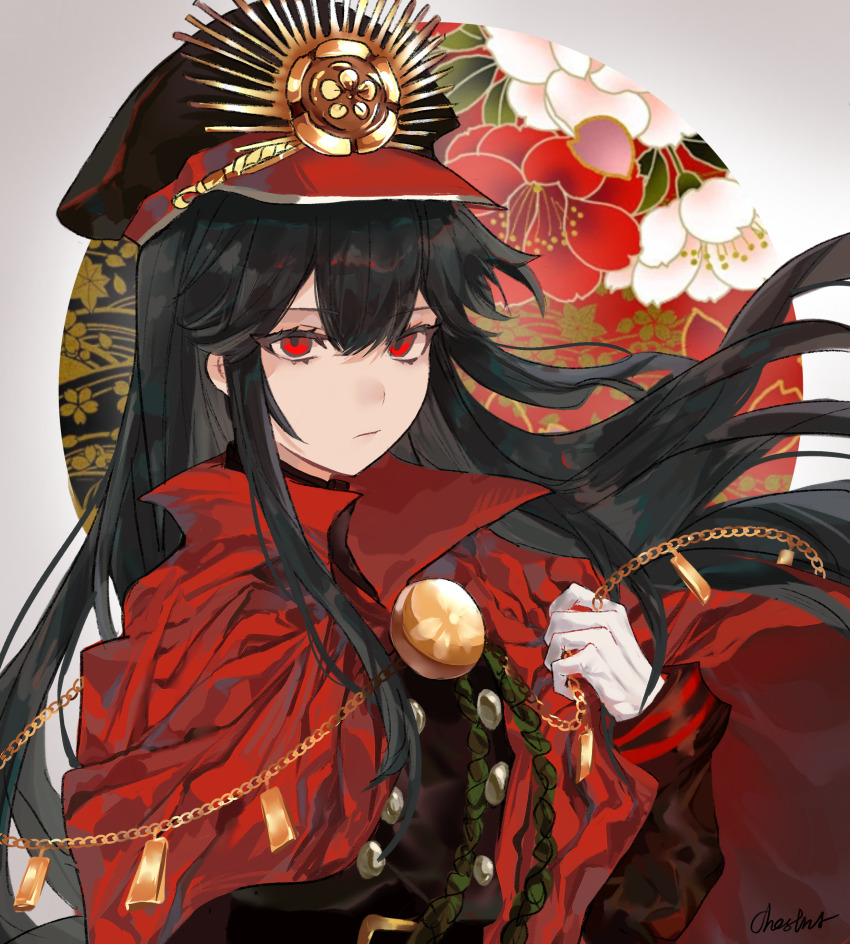 1girl absurdres black_hair cape fate/grand_order fate_(series) floral_background gloves grey_background hair_between_eyes hat highres jacket kelehaoguyipingzi koha-ace long_hair long_sleeves looking_at_viewer military_hat oda_nobunaga_(fate) oda_nobunaga_(koha-ace) peaked_cap red_cape red_eyes solo upper_body
