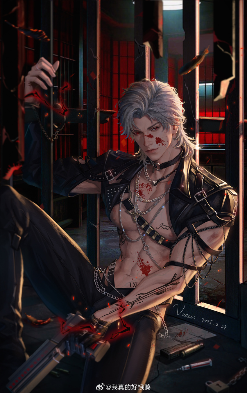 1boy abs absurdres asymmetrical_sleeves belt black_belt black_gloves black_pants blood blood_on_face bullet cage chain chest_harness choker closed_mouth gloves gun harness highres holding holding_gun holding_weapon in_cage jewelry lips looking_at_viewer love_and_deepspace male_focus medium_hair mismatched_sleeves o-ring o-ring_choker pants pectorals red_eyes ring sitting solo sylus_(love_and_deepspace) sylus_(tartarus)_(love_and_deepspace) syringe tattoo weapon white_hair wo_zhen_de_hao_e_ya