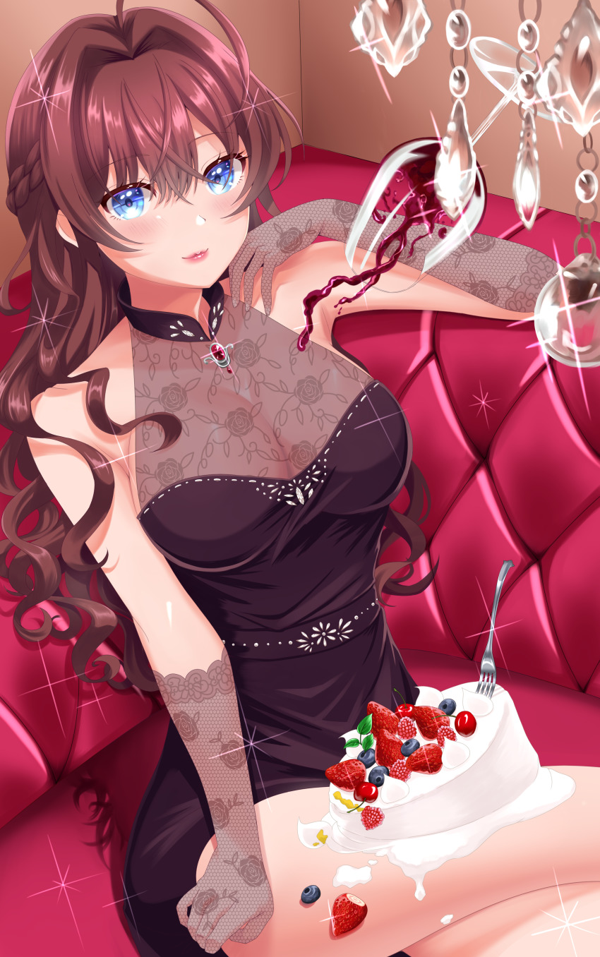 1girl absurdres black_dress blue_eyes blush breasts brown_hair cake cleavage commentary_request crazy_crazy_(idolmaster) crossed_legs cup dress drinking_glass fishnet_gloves fishnets food fruit gloves highres himei_asana ichinose_shiki idolmaster idolmaster_cinderella_girls large_breasts lipstick long_hair looking_at_viewer makeup pink_lips red_wine see-through_clothes see-through_cleavage short_dress sitting sleeveless sleeveless_dress solo spilling strawberry very_long_hair wavy_hair wine wine_glass