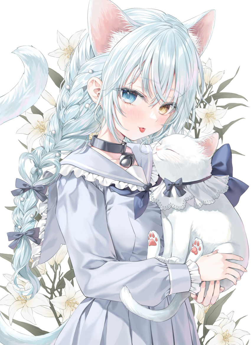 1girl animal_ears bell black_collar black_neckerchief blue_eyes blush braid breasts cat cat_ears cat_tail collar commentary_request floral_background flower grey_sailor_collar grey_shirt grey_skirt heart-shaped_hair heterochromia highres lily_(flower) long_hair looking_at_viewer neck_bell neckerchief original sailor_collar shirt single_braid skirt small_breasts tail tongue tongue_out upper_body white_background white_cat white_hair white_tail yana_mori yellow_eyes