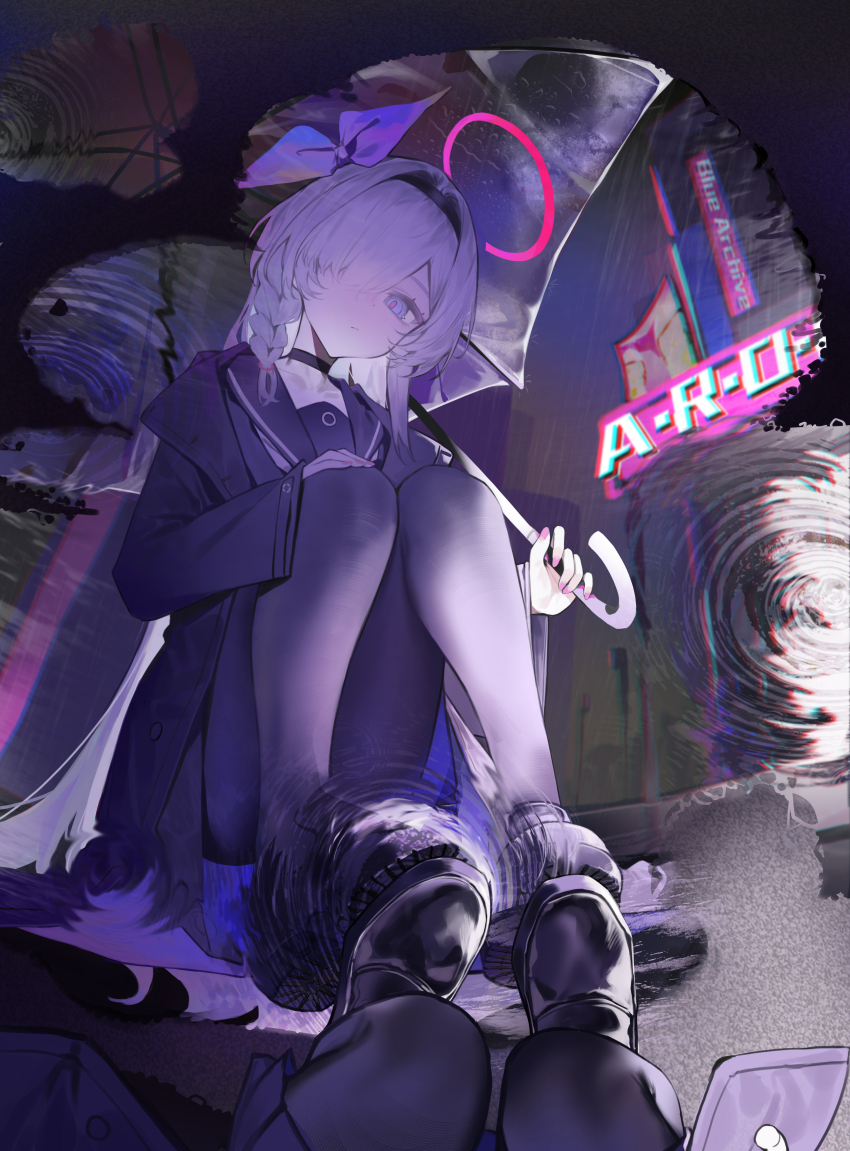 1girl absurdres bai_yao_(user_ygua7252) black_choker black_coat black_hairband black_pantyhose black_sailor_collar black_serafuku black_shirt black_shoes black_skirt blue_archive bow braid chinese_commentary choker closed_mouth coat commentary_request fingernails full_body grey_eyes hair_bow hair_over_one_eye hairband halo highres holding holding_umbrella loafers long_hair long_sleeves looking_at_reflection looking_at_viewer nail_polish neckerchief open_clothes open_coat outdoors pantyhose pink_nails plana_(blue_archive) puddle purple_bow rain red_halo red_pupils reflection reflective_water sailor_collar school_uniform serafuku shirt shoes single_braid sitting skirt solo squatting transparent transparent_umbrella umbrella white_bow white_hair white_neckerchief wide_sleeves