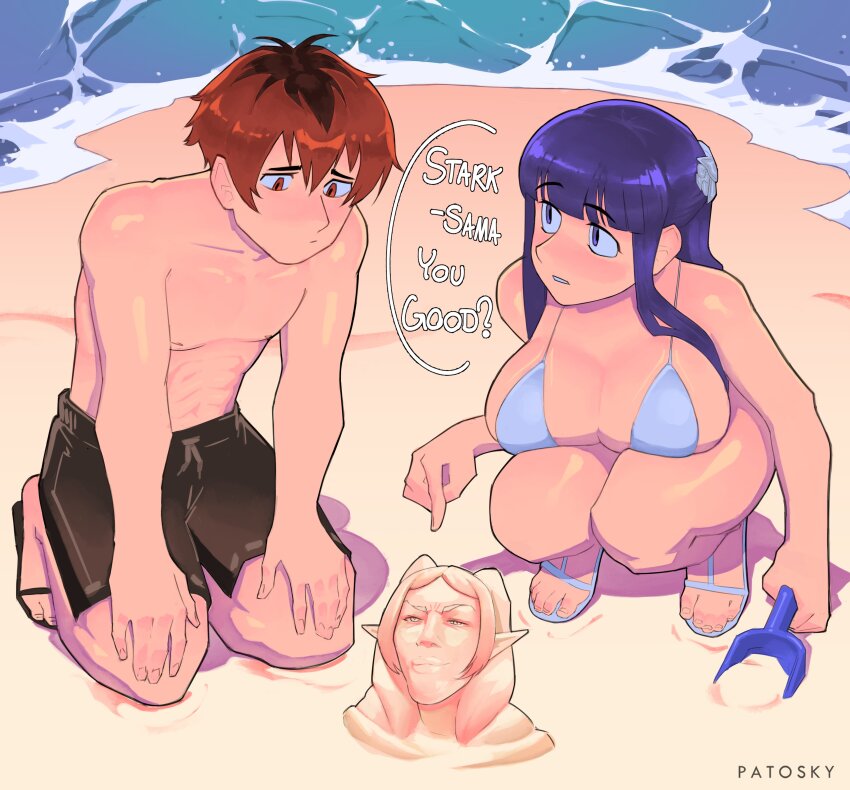 1boy 1girl absurdres alternate_costume beach bikini black_male_swimwear black_sandals blue_bikini blue_sandals blunt_bangs breasts closed_mouth commentary english_commentary english_text fern_(sousou_no_frieren) frieren hands_on_lap highres holding_trowel kneeling large_breasts long_hair looking_at_another male_focus male_swimwear parted_lips patosky purple_eyes purple_hair red_eyes red_hair sand sand_sculpture sandals short_hair sousou_no_frieren squatting stark_(sousou_no_frieren) swimsuit topless_male trowel water