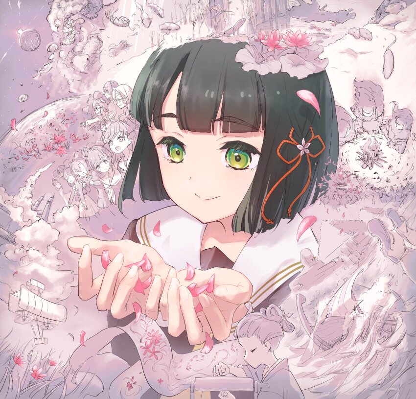 6+girls absurdly_detailed_composition black_hair blunt_bangs blunt_ends bob_cut brown_dress bug campfire ceras_yanagida_lilienfeld closed_eyes closed_mouth commentary_request dinosaur dragonfly dress earth_(planet) evolution flower flower_knot folded_hair grass great_pyramid_of_giza great_sphinx_of_giza green_eyes hair_bun hair_flower hair_ornament hasu_no_sora_school_uniform highres hinoshita_kaho holding holding_petal ikizulive!_love_live!_bluebird in-franchise_crossover insect komagata_hanabi kosaka_honoka lao_ren_xing link!_like!_love_live! long_sleeves lotus love_live! love_live!_school_idol_project momose_ginko monochrome_background mouse_(animal) multiple_girls neckerchief no_eyes one_side_up otomune_kozue partially_colored petals pink_flower planet progression pyramid pyramid_(structure) rocket sailing sailing_ship sailor_collar sailor_dress salamander school_uniform ship short_hair side_ponytail single_side_bun solo_focus sphinx split_mouth takahashi_polka time_progression two_side_up tyrannosaurus_rex virtual_youtuber watercraft white_sailor_collar winter_uniform yellow_neckerchief